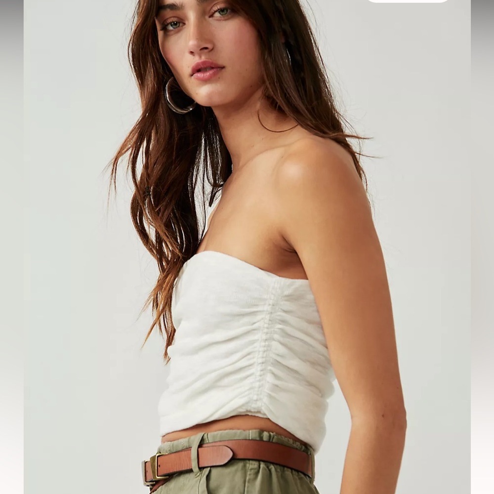 Free People White Ruched Strapless Crop Top